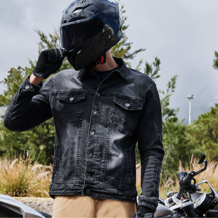 Black denim motorcycle clearance jacket