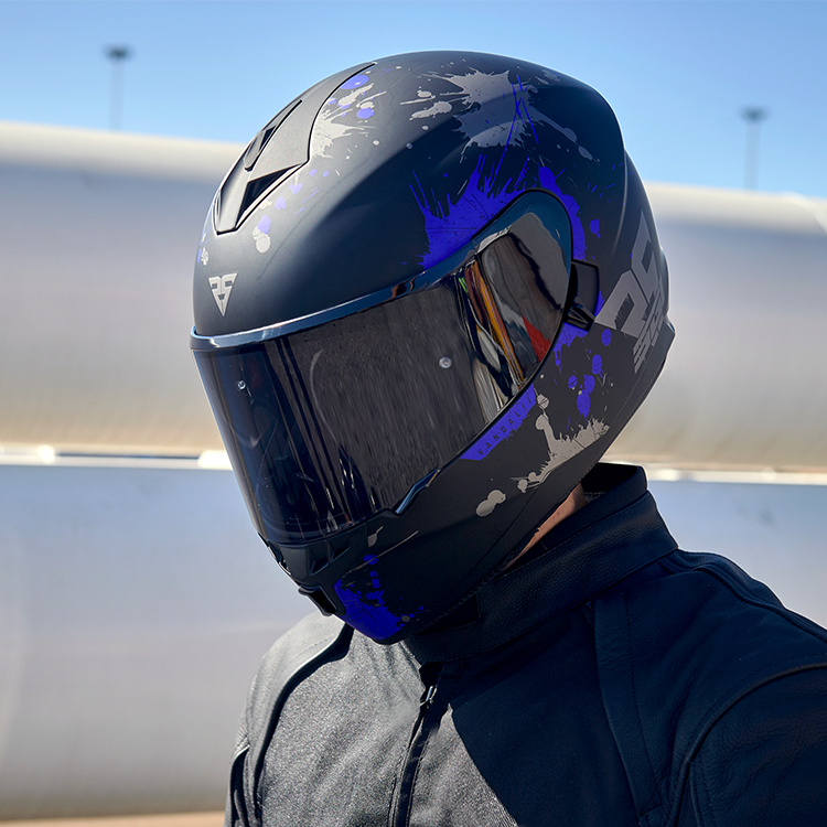 Black helmet deals with blue visor
