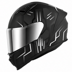 A full-face motorcycle helmet in matte black with white geometric graphic lines and a reflective silver visor, shown on a solid white background.