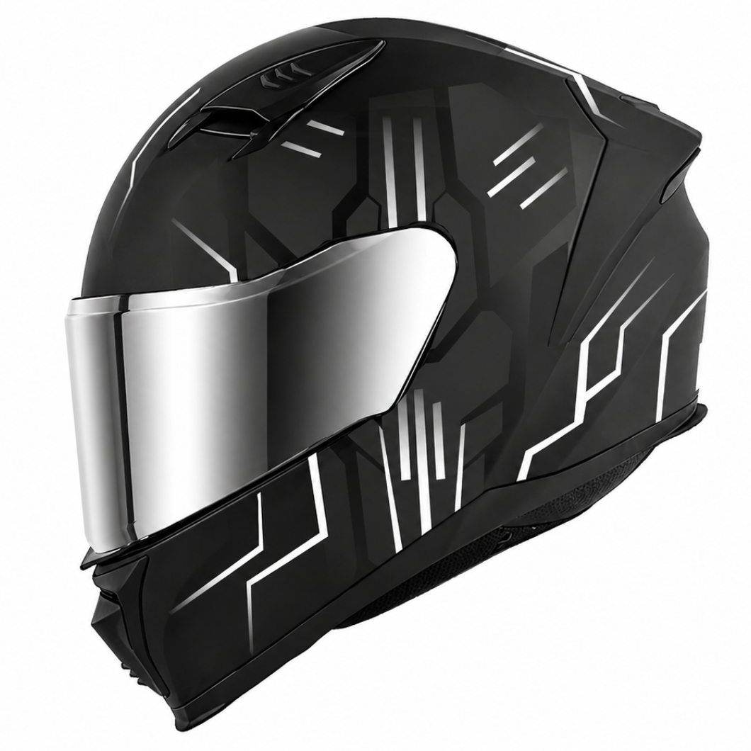 A full-face motorcycle helmet in matte black with white geometric graphic lines and a reflective silver visor, shown on a solid white background.