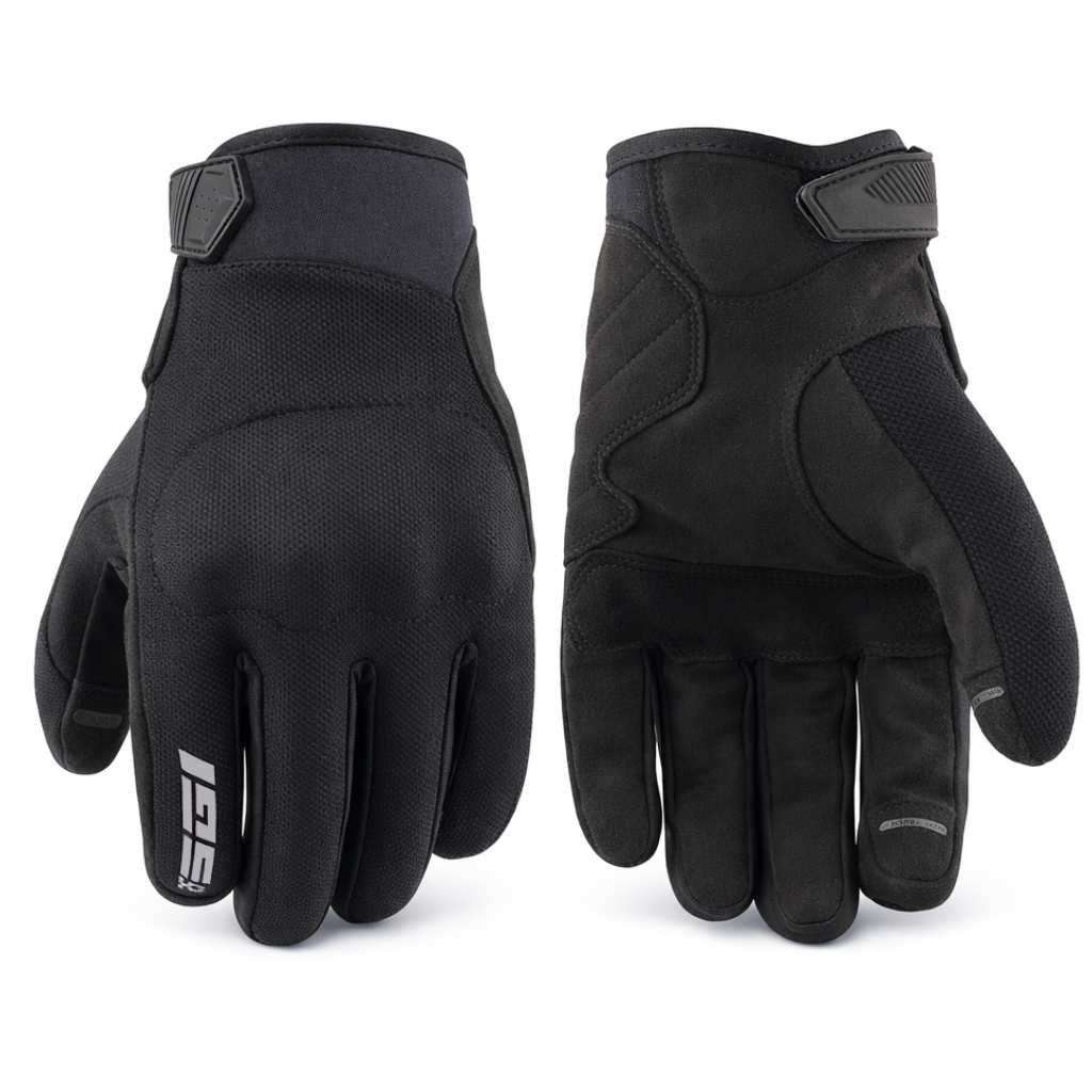 Pair of black motorcycle gloves on a white background