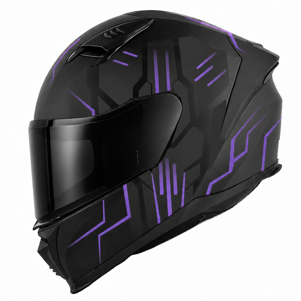 A full-face motorcycle helmet in matte black with glowing purple geometric line patterns, shown from a three-quarters angle against a solid white background.
