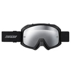 Black ski goggles with a large silver mirrored lens and a black adjustable strap featuring a white logo.