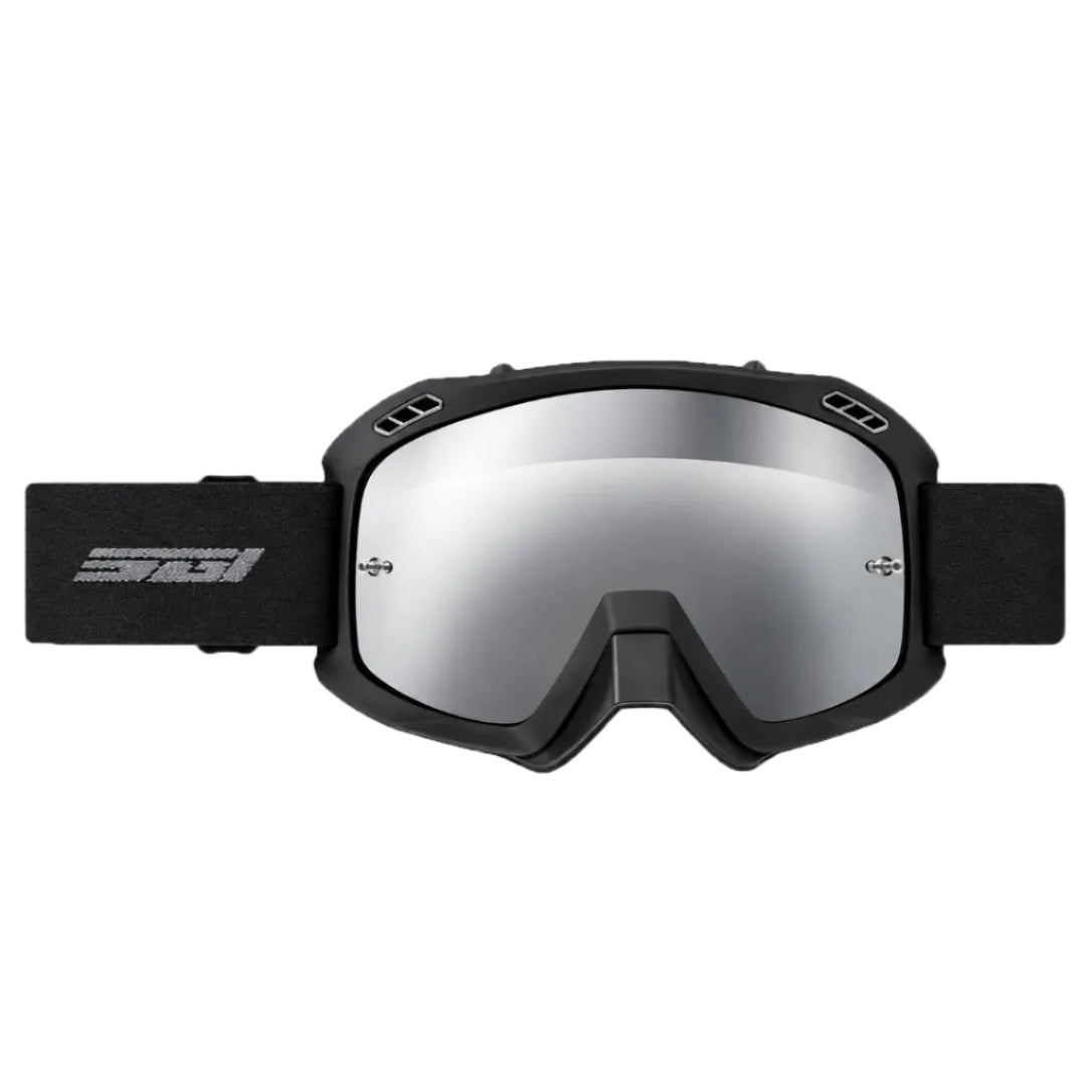 Black ski goggles with a large silver mirrored lens and a black adjustable strap featuring a white logo.