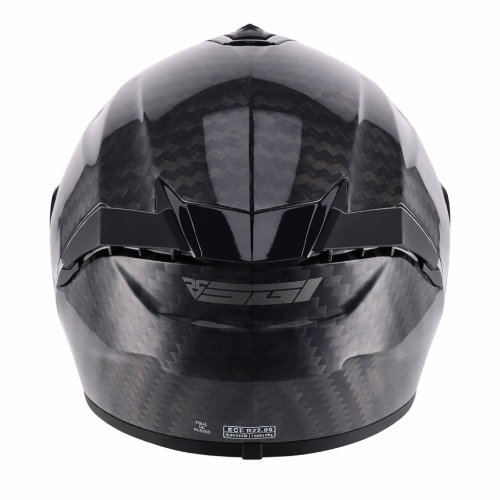 carbon fibre motorcycle helmet with a glossy finish on a white background