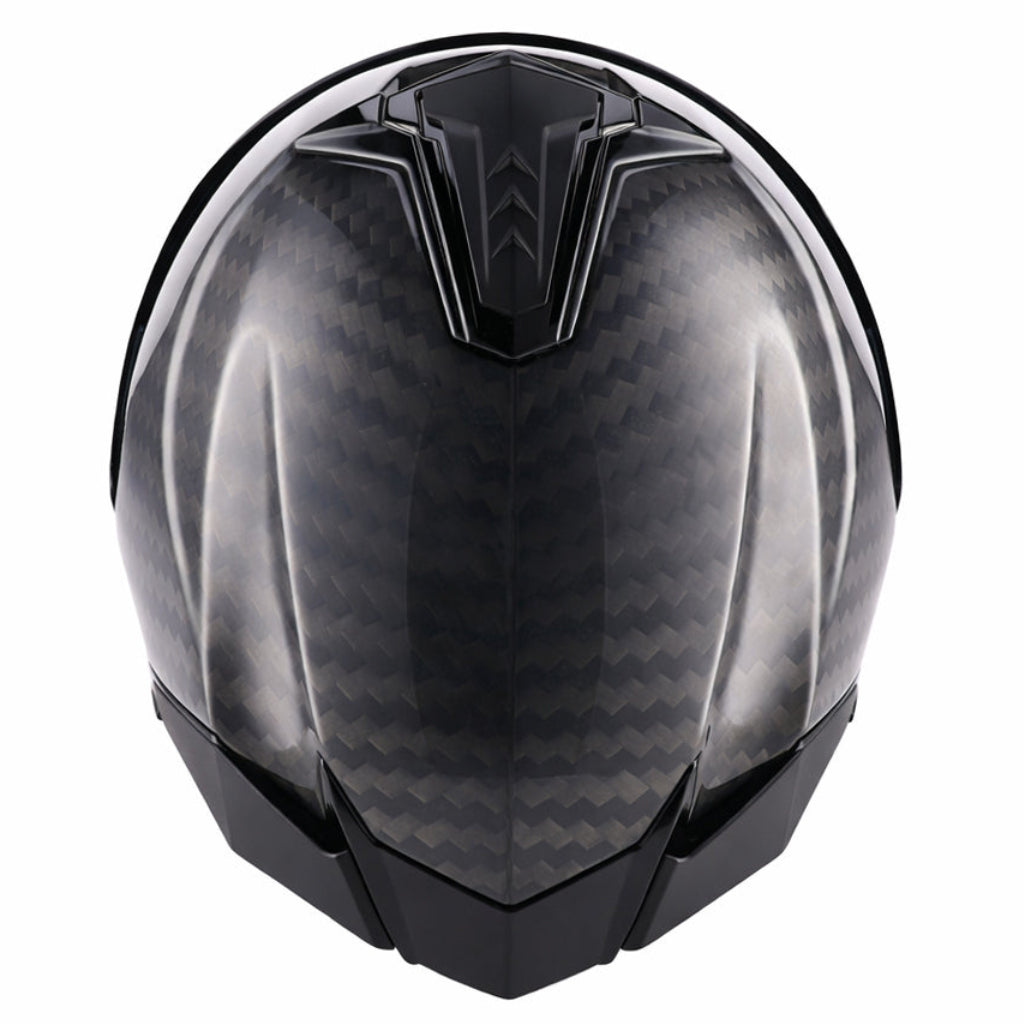 Black and gray motorcycle helmet with a carbon fiber pattern on a white background