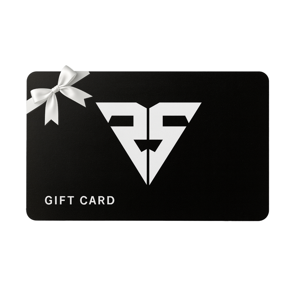 Black gift card with a white logo and ribbon on a white background