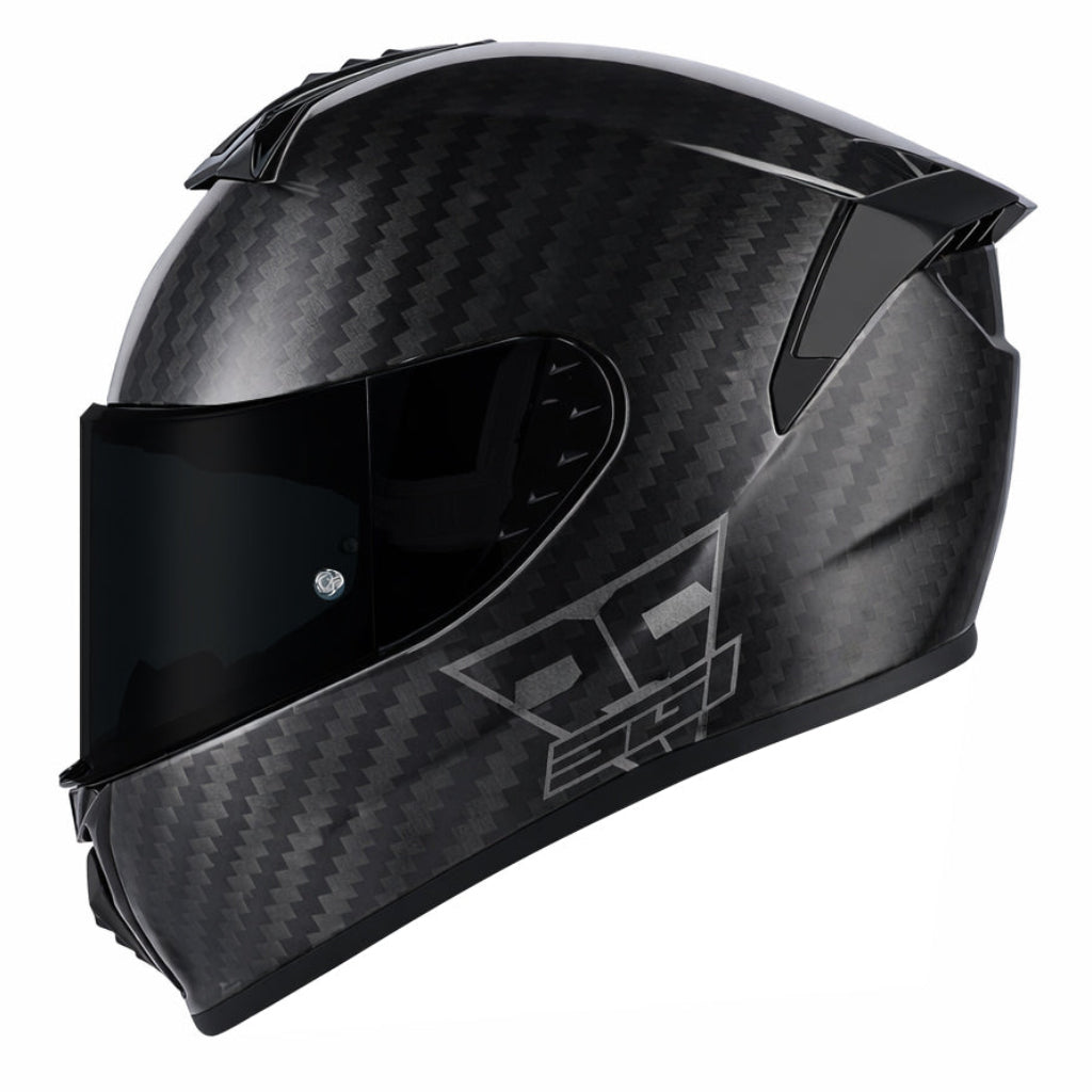 Black carbon fiber motorcycle helmet on a white background