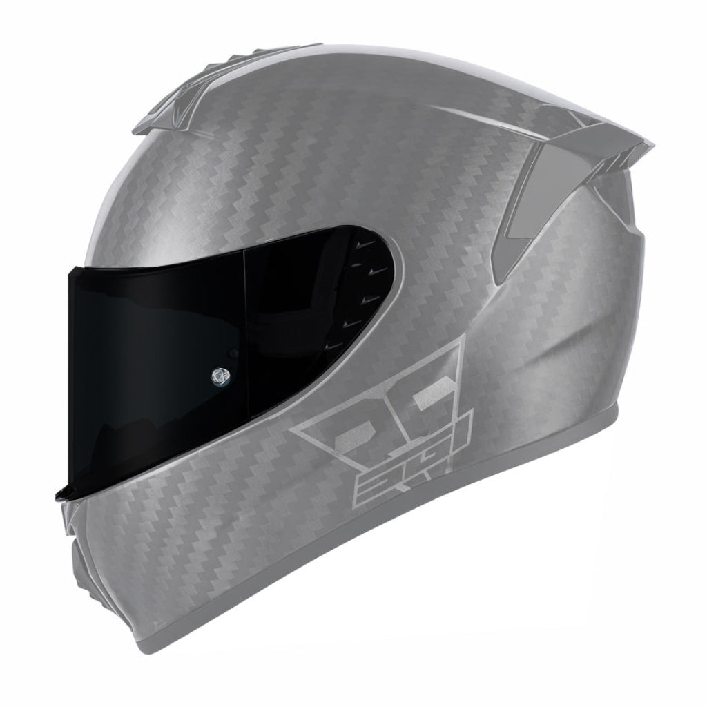 Carbon fiber helmet with a black visor on a white background